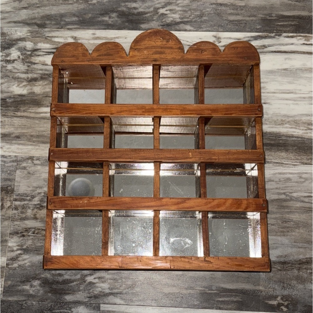 Wood Framed Shadow Box Wall Knick Knack Display 16 Trinket Shelf Mirror Back
